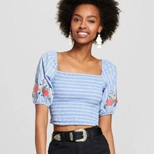Blue striped puff sleeve embroidered crop top